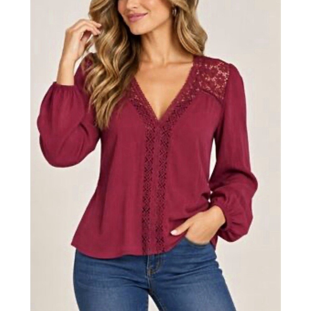 John Paul Richard Purple V-Neck Lace Trim Long Sleeve Knit Stretch Blouse Sz S/M